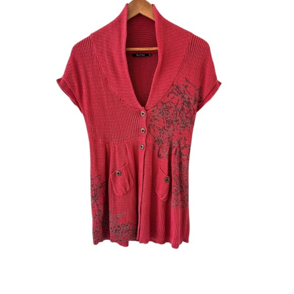 NIC+ZOE Coral Pink Short-Sleeve Knit Cardigan with Pocket Detail